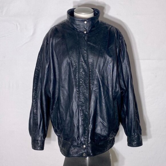Vintage Le Village Du Cuir Black 80s 90s Oversized Batwing Leather Jacket L - Picture 3 of 16